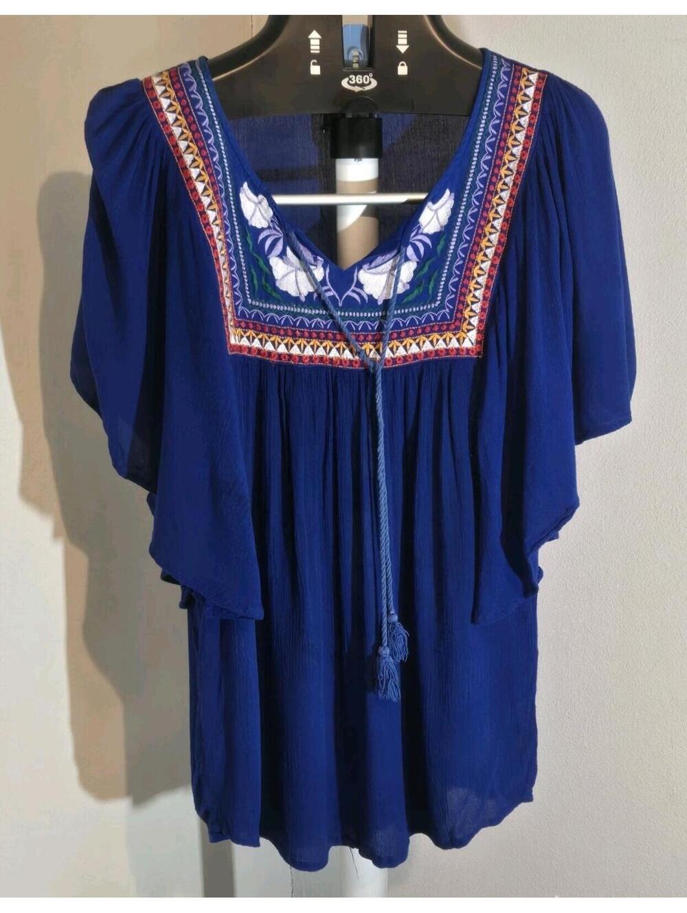 Earthbound Trading Co Womens S Cotton Boho Embroidered Blouse Blue